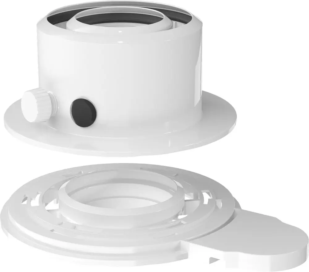 Weißes Abgaszubehör von Bosch mit einem Adapter. Die Bauform sieht eine Verbindung für ein rundes Rohr vor, das auf einer flachen Grundplatte montiert ist.